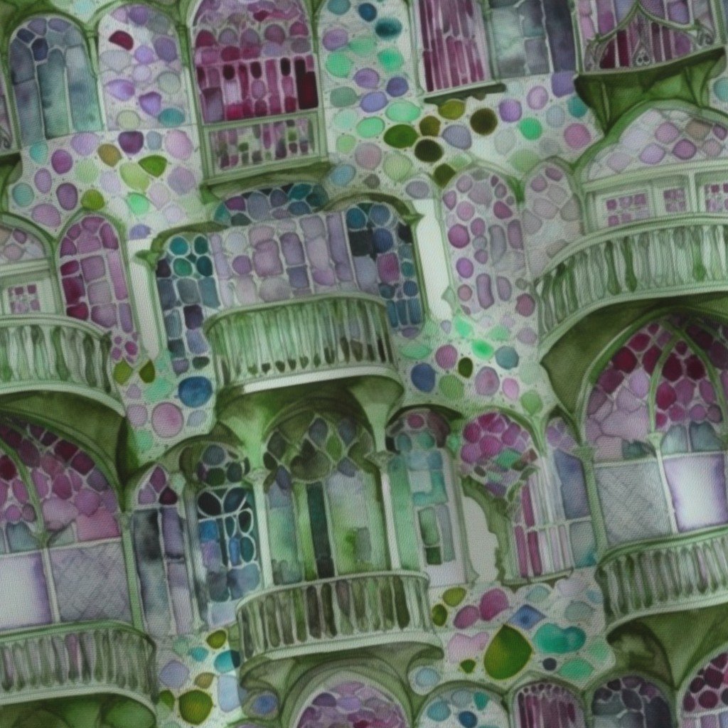 Barcelona House Architectural Detail in Windows Columns Arches and Fabric colorful pattern fabric