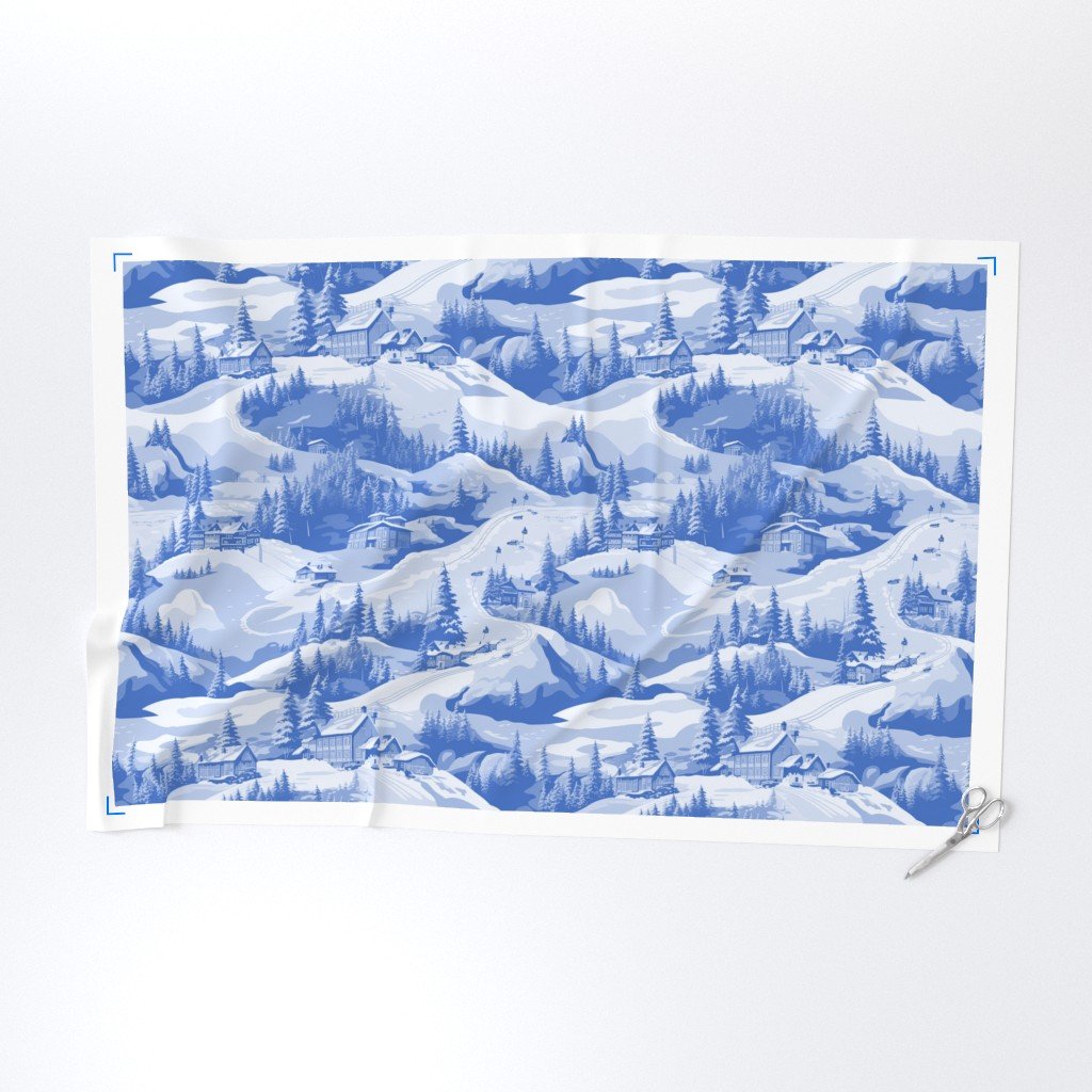 Small Montana Winter Cabins Montana with Evergreens in Mid China Blue Fabric ski slope fabric