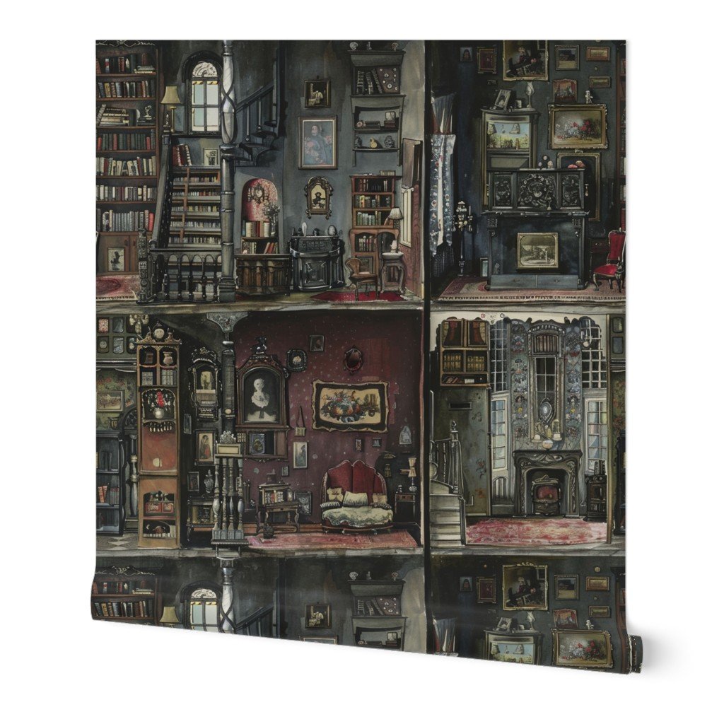 Victorian Gothic Dollshouse with Dark Academia Watercolor Decor 2 Wallpaper doll house wallpaper