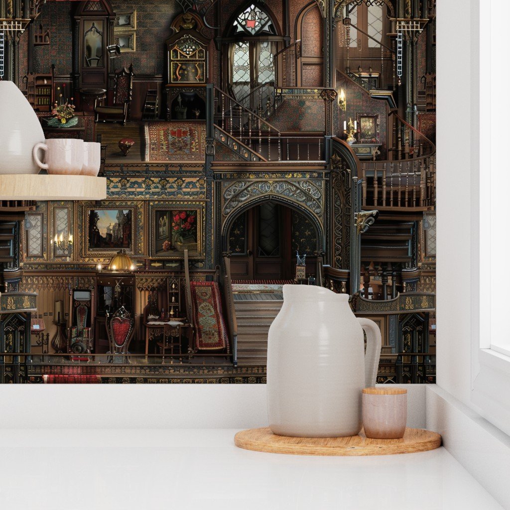 Victorian Gothic Haunted Dollshouse with Dolls in Dark Academia Wallpaper dark academia wallpaper