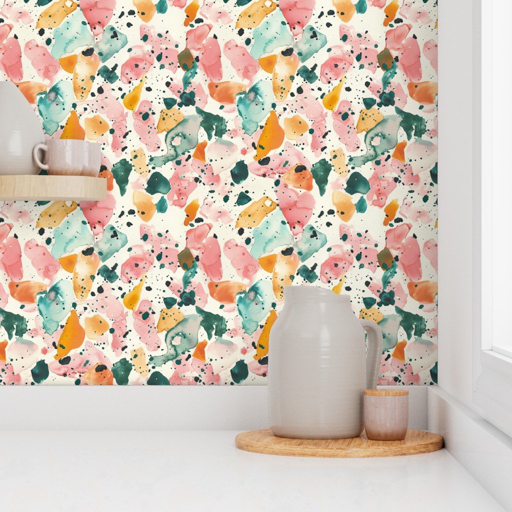 Orange Rose and Aqua Watercolor Terrazzo Splashes Wallpaper orange terrazzo wallpaper