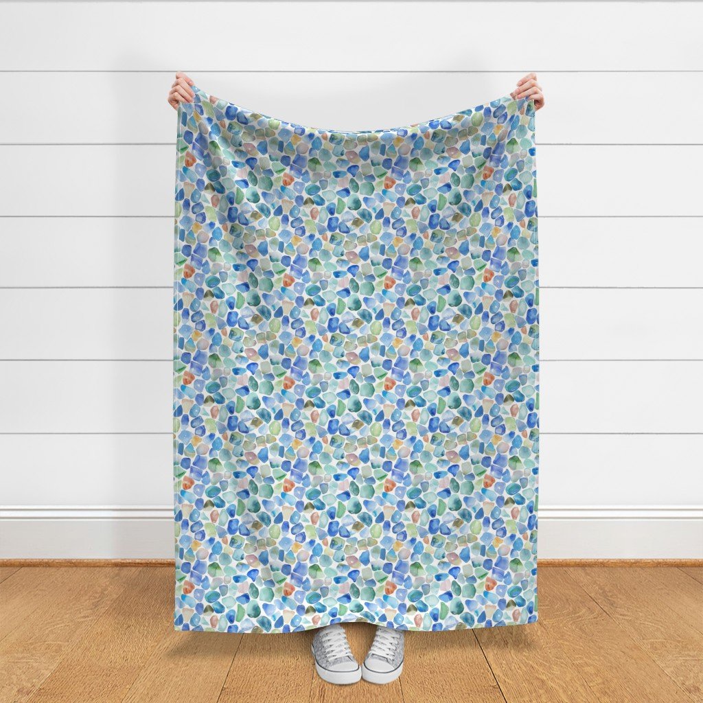 Blue Toned Shards of Tumbled and Scattered Watercolor Seaglass Fabric seaglass pattern fabric