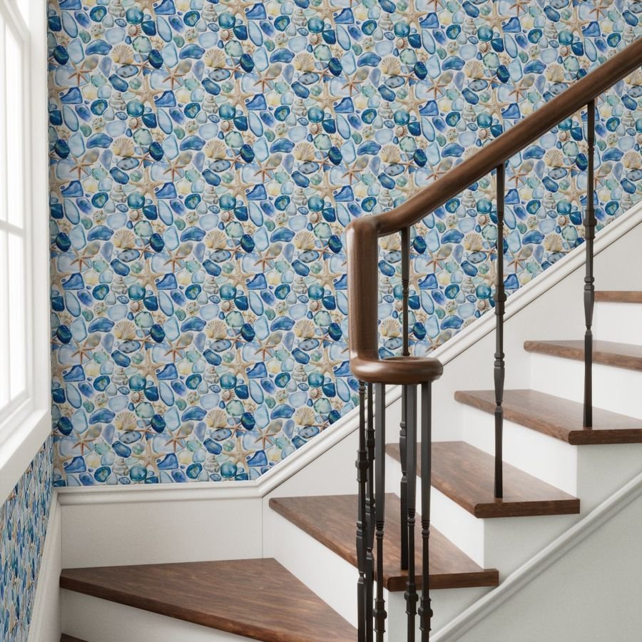 Blue and Sand Seashells and Shards of Tumbled and Scattered Wallpaper blue sand beach wallpaper