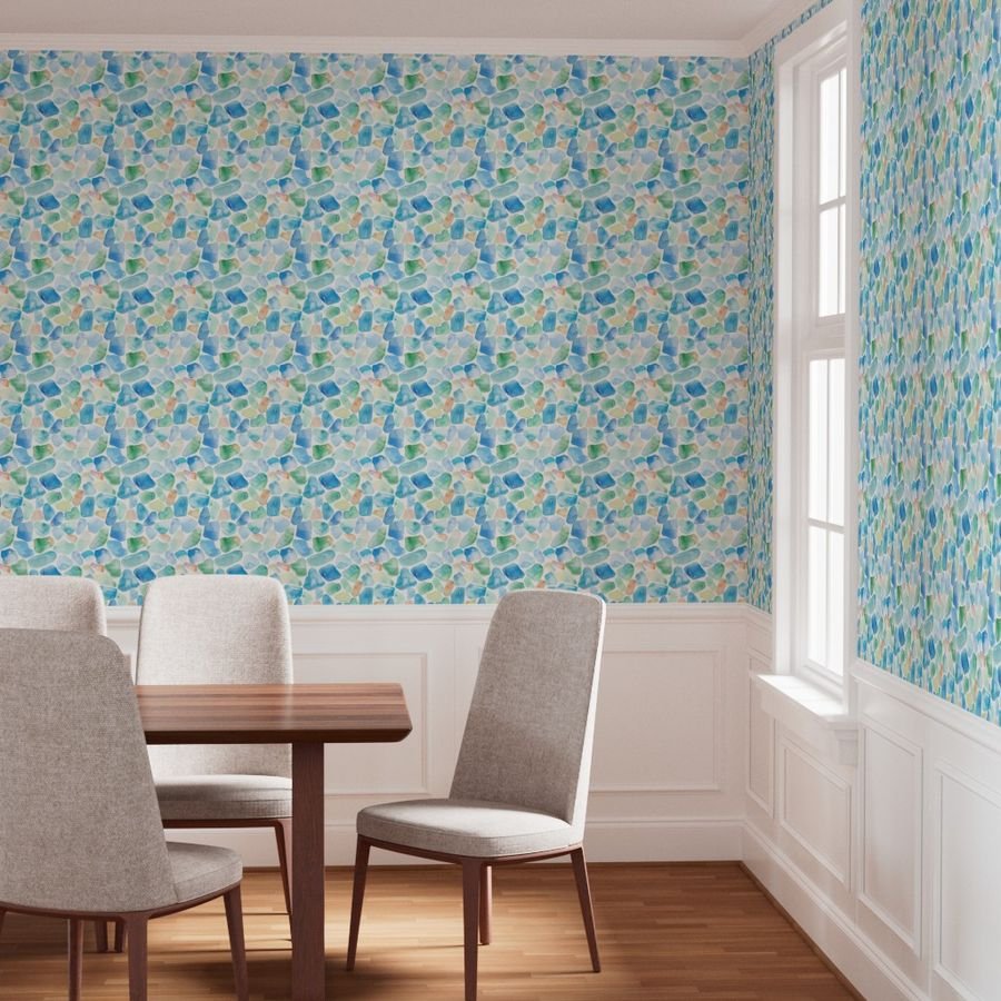 Blue and Green Shards of Tumbled and Scattered Watercolor Seaglass Wallpaper blue green seaglas wallpaper