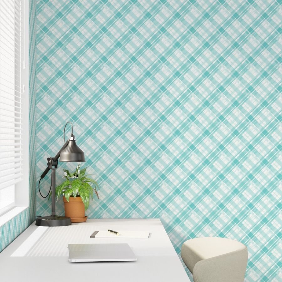 Faded Madras Diagonal Plaid in Aqua Wallpaper madras cotton wallpaper