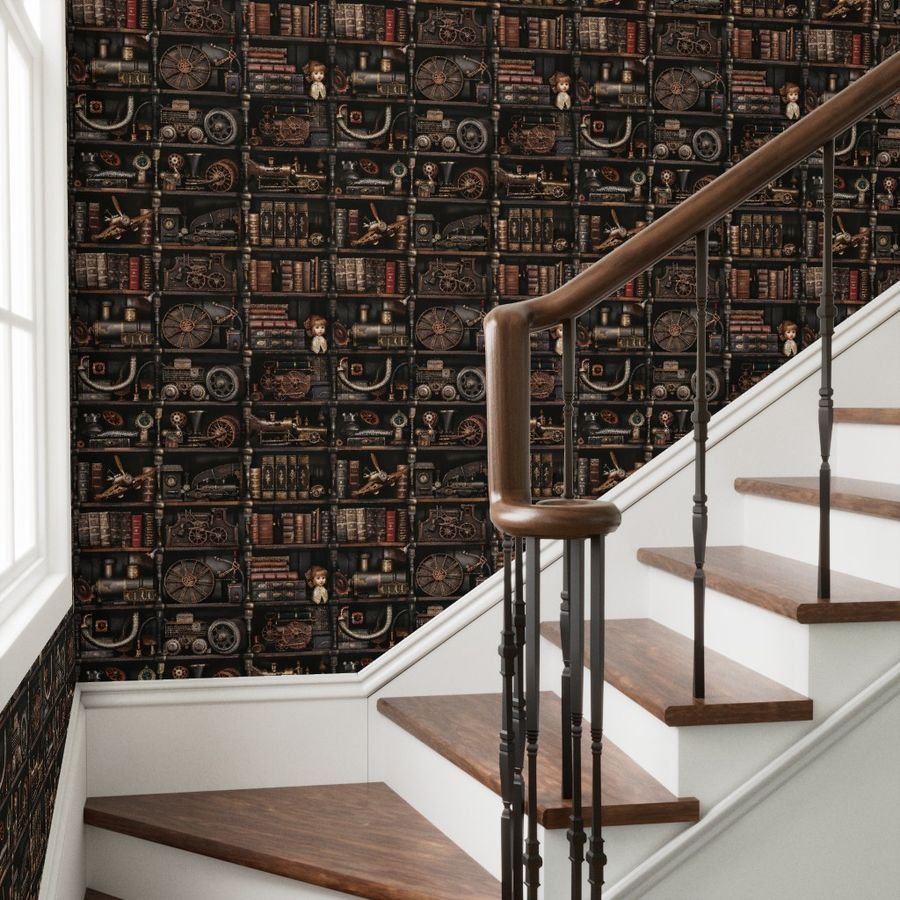 Steampunk Vintage Bookcase Gears Pipes and Antique Treasures Wallpaper antique trains wallpaper