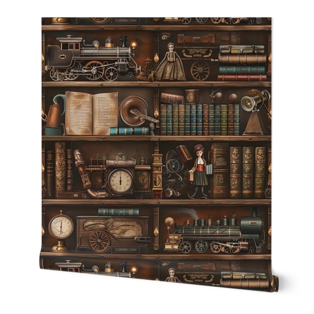 Vintage Steampunk Bookcase with Antique Trains and Books Wallpaper antique trains wallpaper