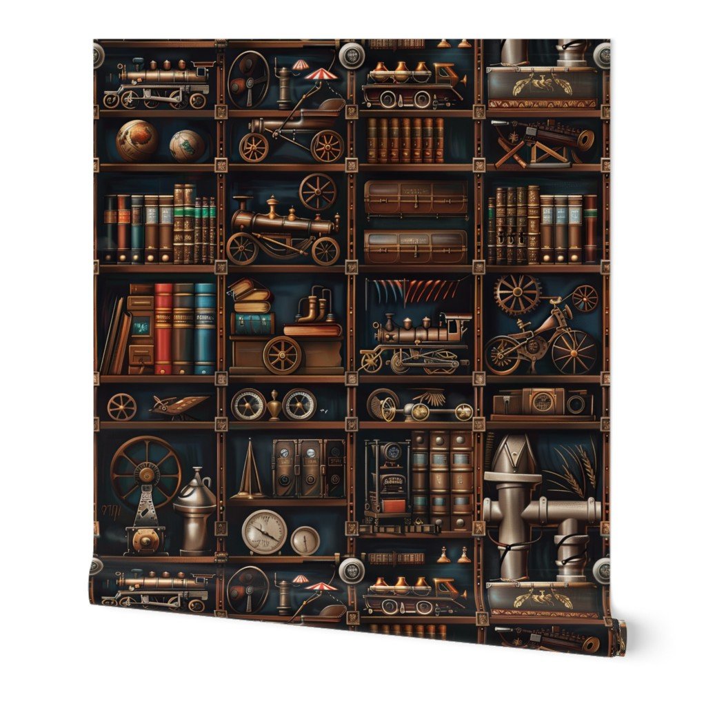 Vintage Steampunk Bookcase with Intricate Mechanical Wonders Wallpaper scientific instrumen wallpaper