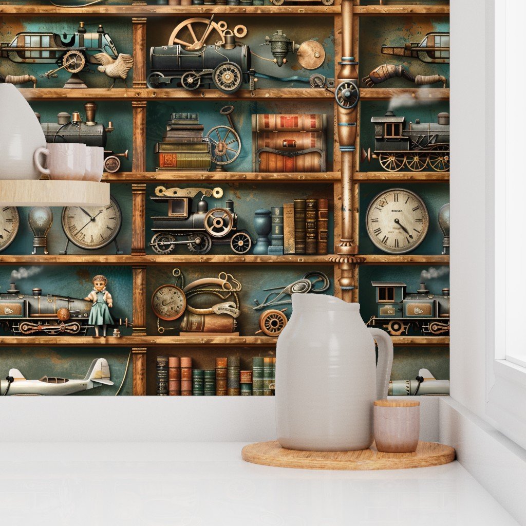 Vintage Steampunk Bookcase with Trains Gears and Clocks Wallpaper aged metal wallpaper