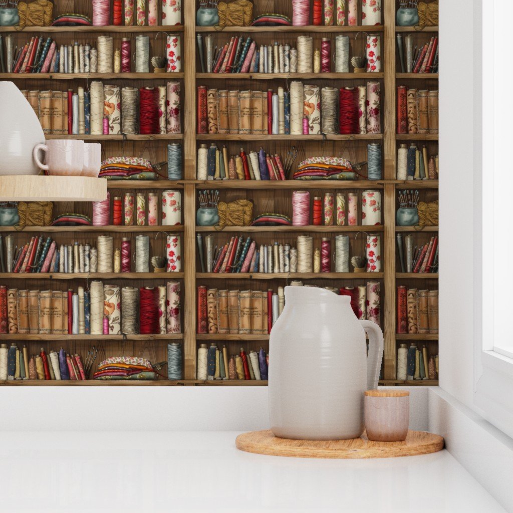 Vintage Bookcase with Fabric Bobbins Spools and Yarn Wallpaper fabric bobbins wallpaper