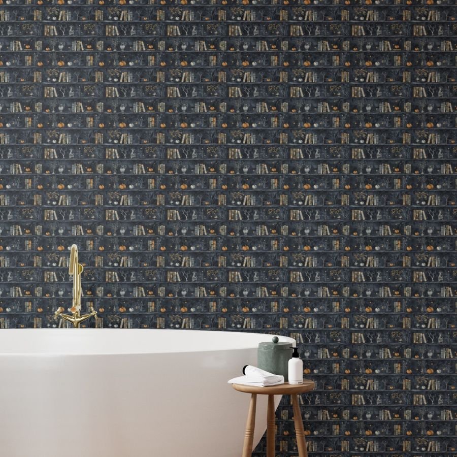 Dark Blue Halloween Pumpkins and Vases on Vintage Bookcase Wallpaper dark blue wallpaper