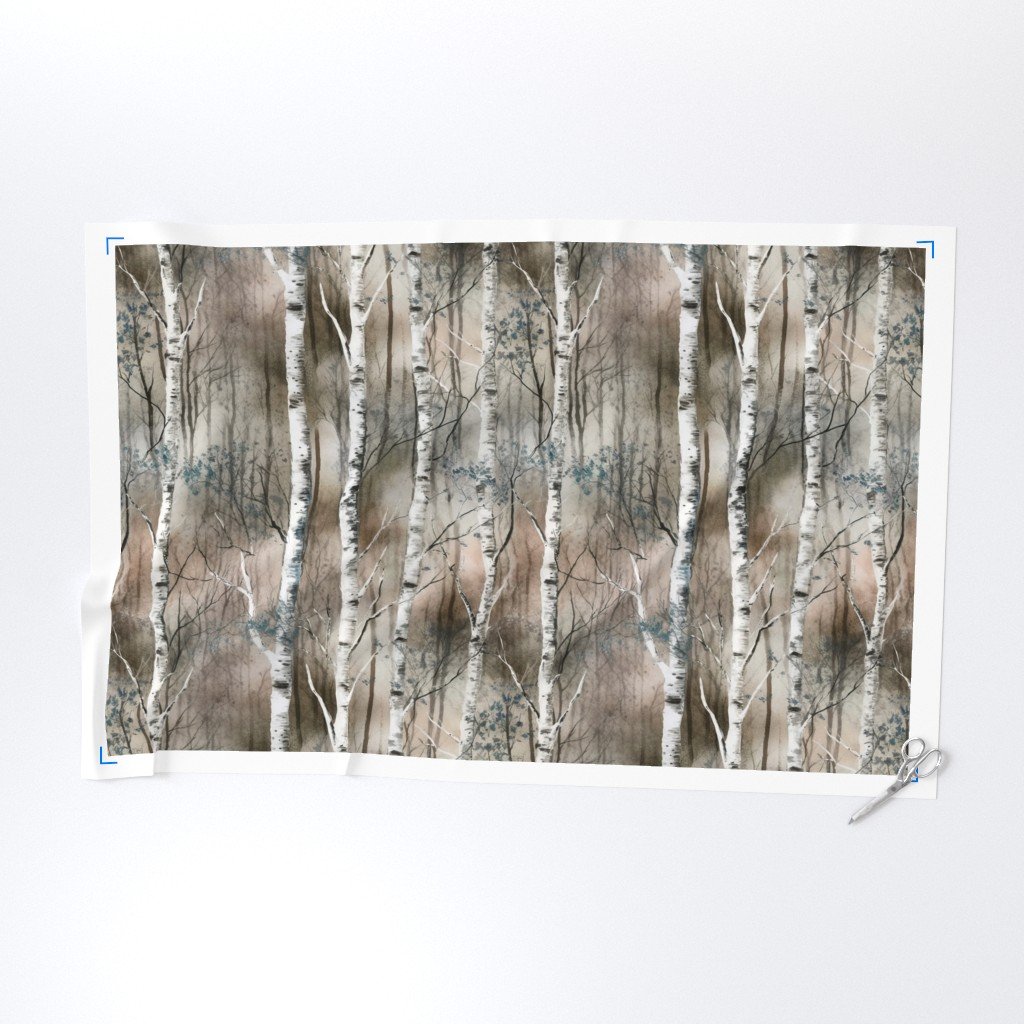 Endless Silver Birch Tree Dreamscape in Misty Taupe and Slate Blue Fabric forest fabric