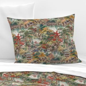 Small Japanese Water Garden Watercolor with Temples Home Styling Collection Design Collection asian landscape pillow sham design