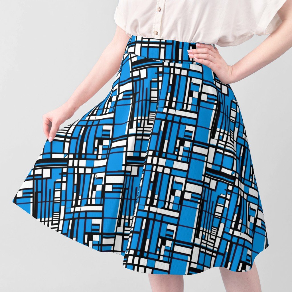 Cyan Blue Modernist City Blocks Geometric Pattern Fabric cyan blue fabric
