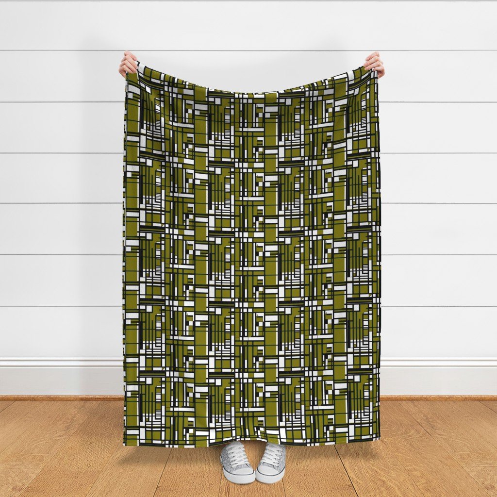 Olive Green Modernist City Blocks Geometric Pattern Fabric linear design fabric