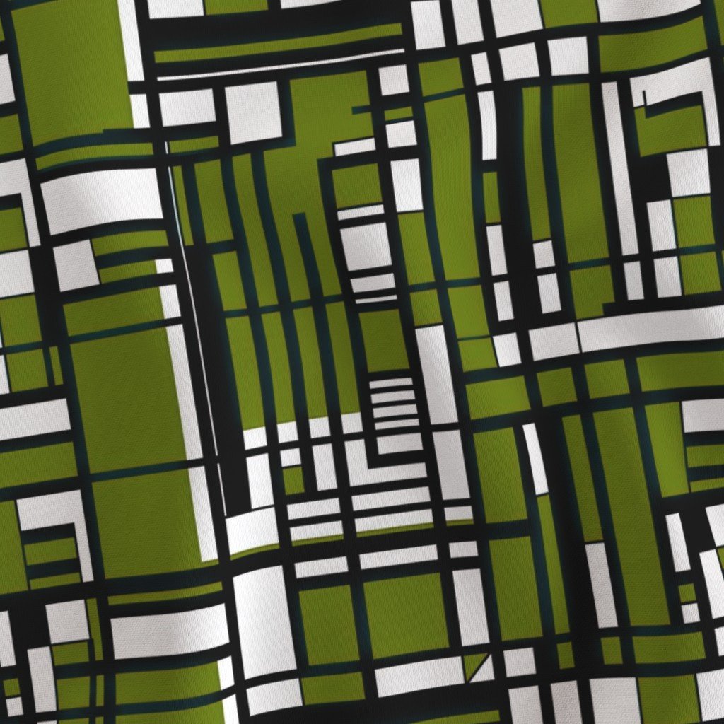 Moss Green Modernist City Blocks Geometric Pattern Fabric linear design fabric