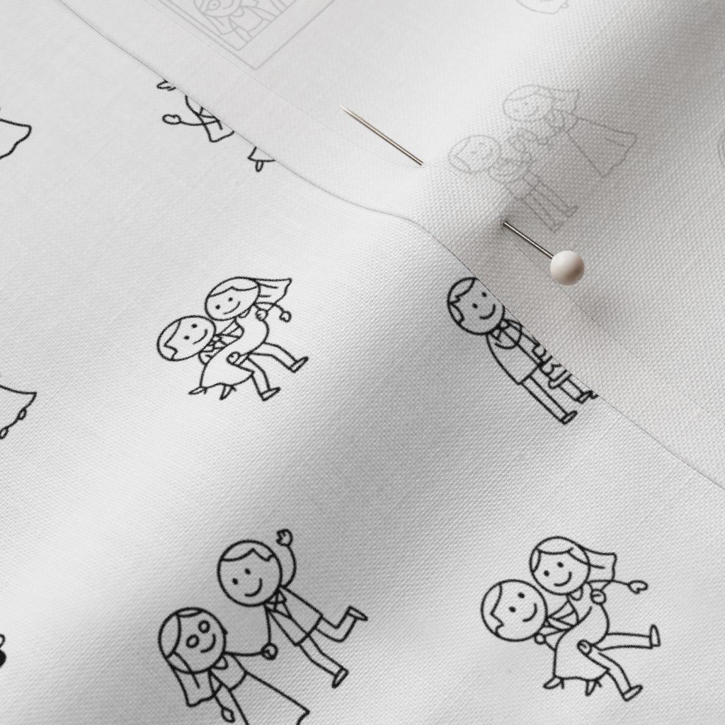 Just Married Fun Stick Figure Wedding Pattern in Black on White Fabric line art fabric