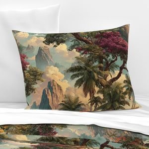 Vintage Hawaiian Watercolor Landscape with Misty Mountains and Palms Decor Collection Home Styling Collection coastal pillow sham design