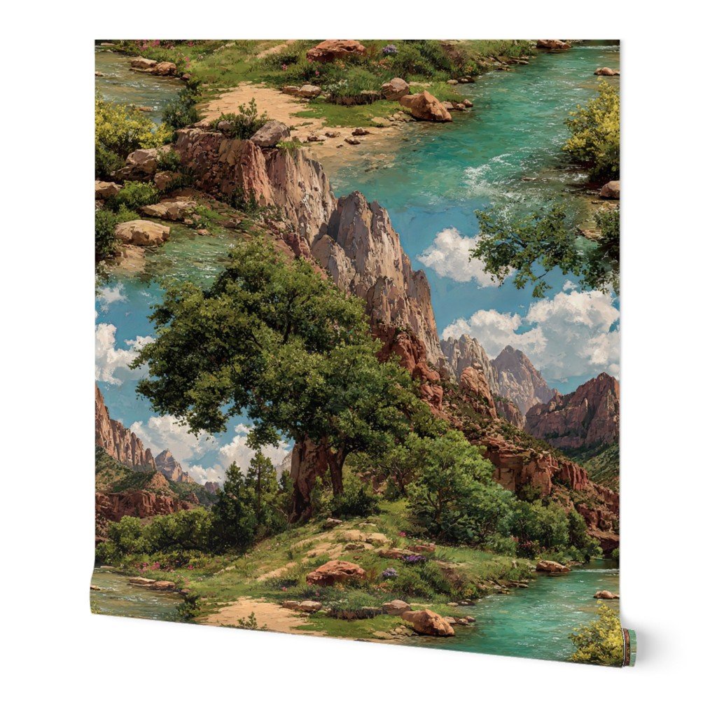Spring Panorama of Zion Canyon Watercolor Landscape Wallpaper national park wallpaper