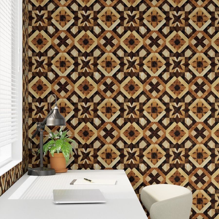 Geometric Marquetry Wood Inlay Pattern in Rich Dark Wood Tones Wallpaper dark wood wallpaper