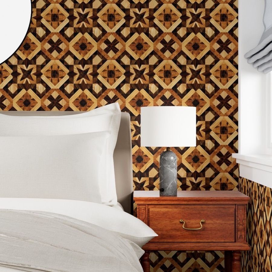 Geometric Marquetry Wood Inlay Pattern in Warm Natural Tones Wallpaper interior design wallpaper