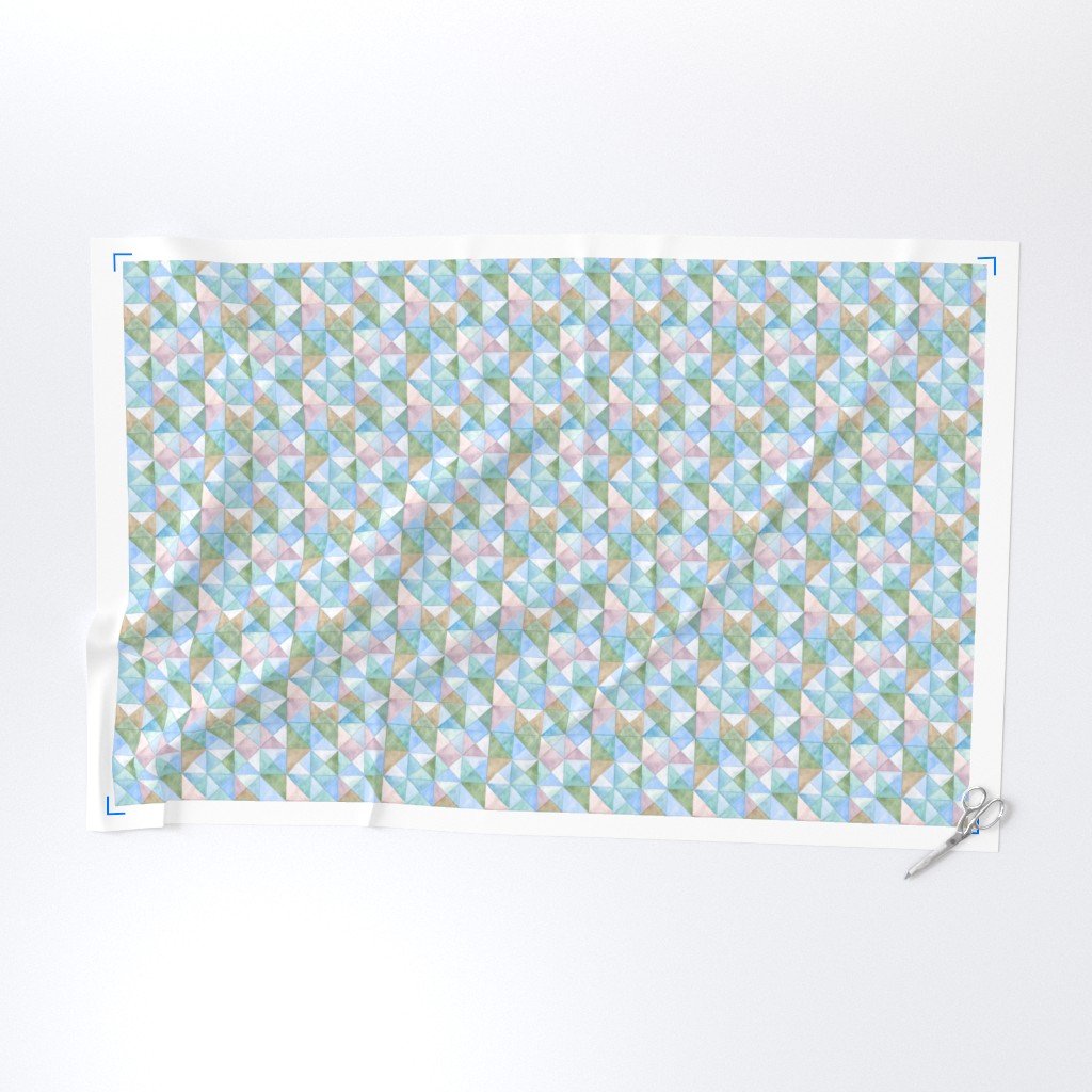 Soft Watercolor Quilted Patchwork Triangles in Sky Blue and Sage Fabric cottagecore fabric