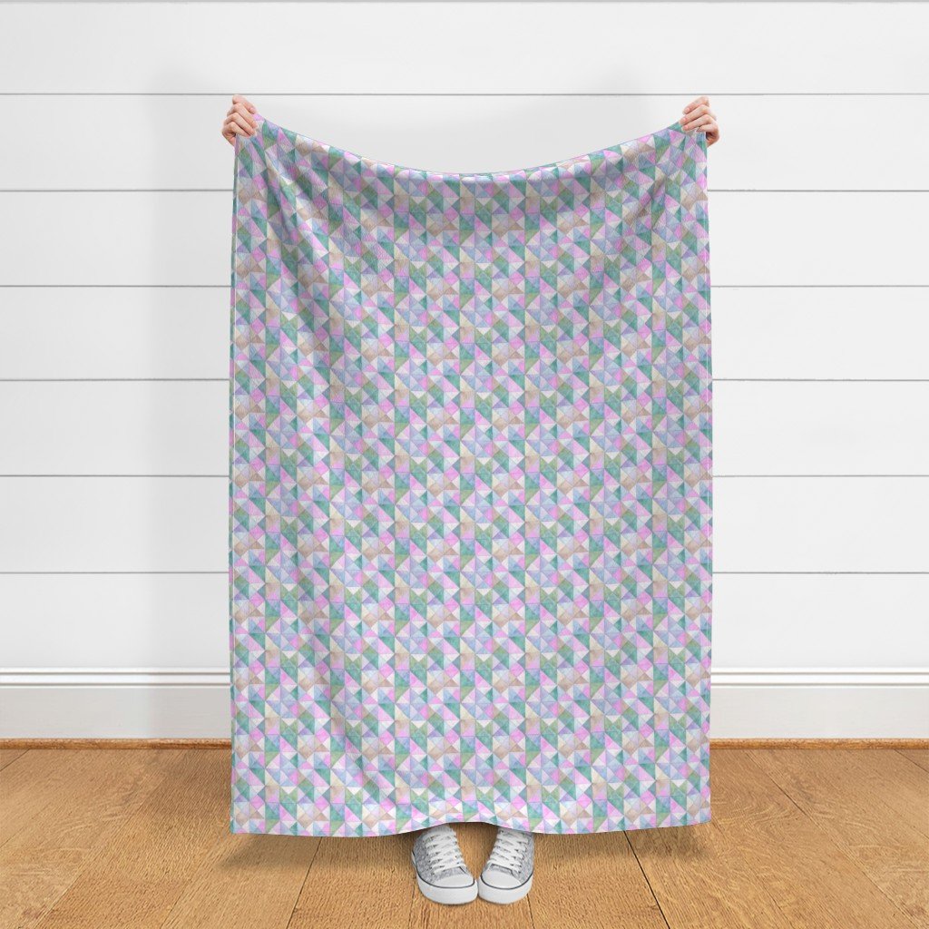 Soft Watercolor Quilted Patchwork Triangles in Pink Mint and Sage Fabric cottagecore fabric