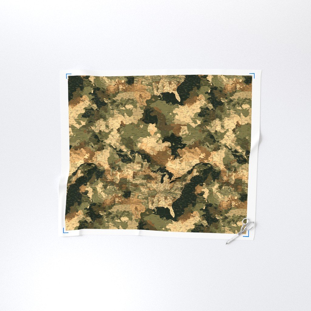 USA State Outline Camouflage in Sand and Deep Forest Fabric geography fabric