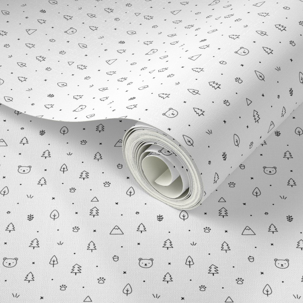 Minimal Black And White Woodland Doodle Pattern With Trees Bears Mount Wallpaper black and white wallpaper