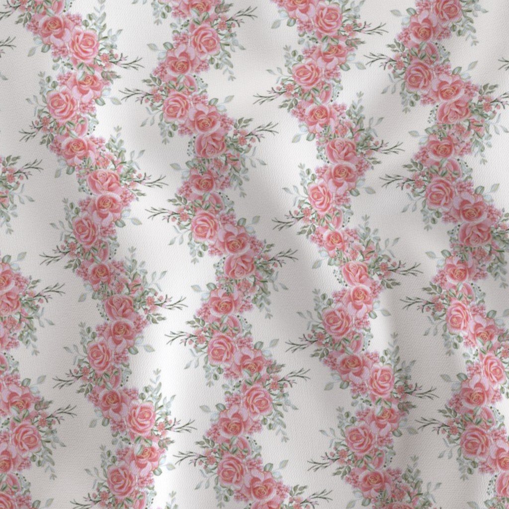 Vintage English Garden Small Soft Pink Rose Stripe Pattern on White Fabric green fabric