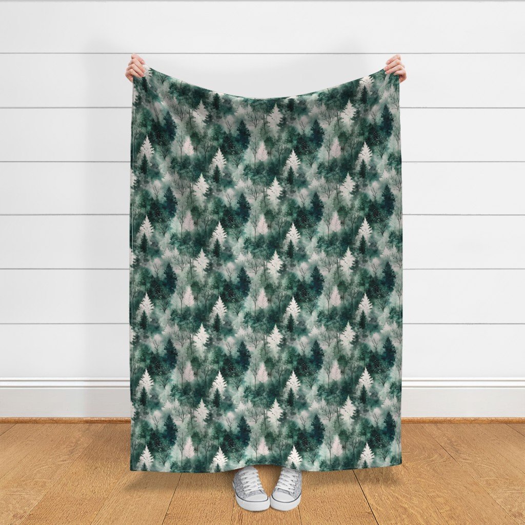 Small Endless Winter Tree Dreamscape Trees in Cool Teal Misty Forest Fabric green fabric