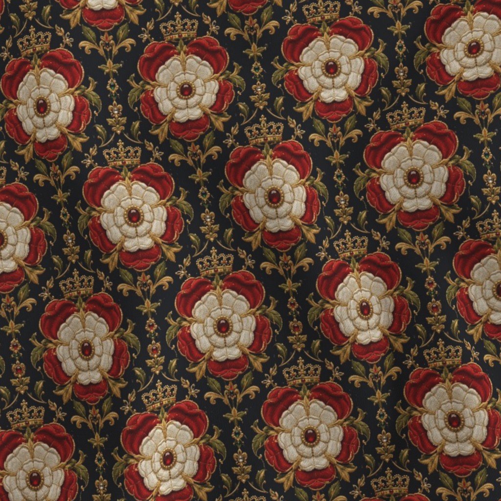 Royal Tudor Rose Crown Damask on Midnight Black Fabric floral fabric