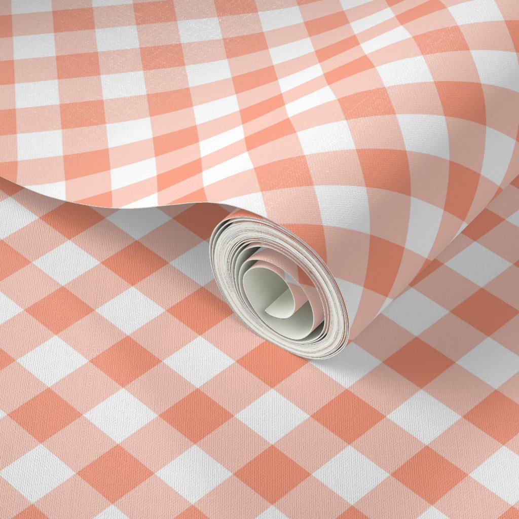 Coral Pink Gingham Check Plaid Wallpaper coral pink wallpaper