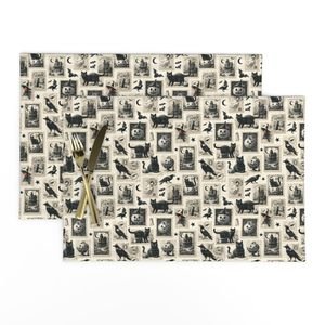 Vintage Halloween Postage Stamps with Black Cats and Pumpkins Design Collection Decor Collection autumn placemat design