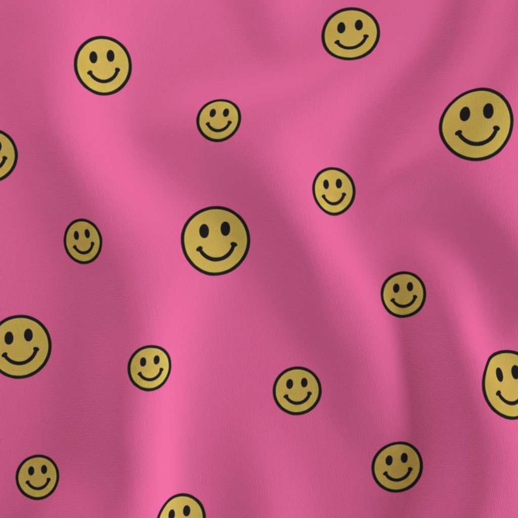 Retro Yellow Smiley Faces on Bubblegum Pink Fabric design fabric