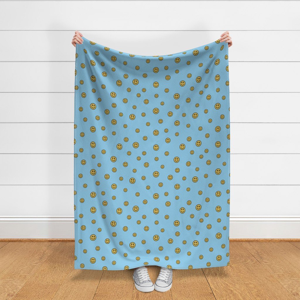 Retro Yellow Smiley Faces on Sky Blue Fabric design fabric