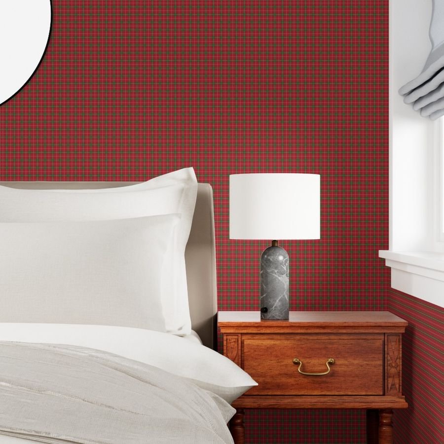Christmas Berry Red and Green Tartan with Beige and White Lines Wallpaper berry red wallpaper