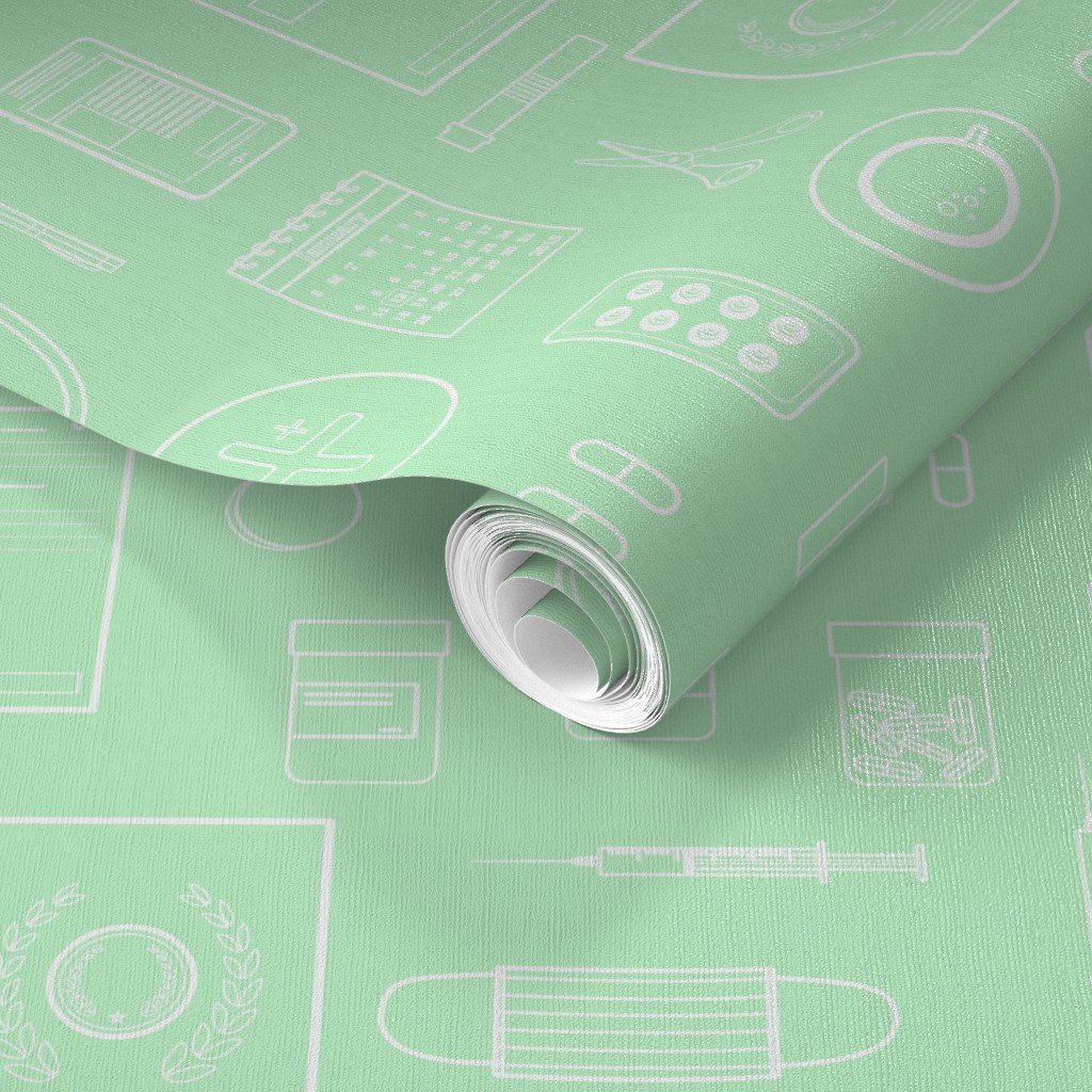 Scrubs Green with White Outlined Drawings of Medical Symbols Wallpaper white and green wallpaper