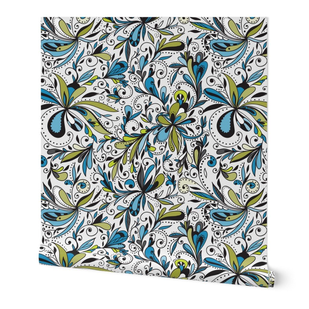 Floral Doodles Seamless Repeat Pattern in Blue and Green Wallpaper blue and green wallpaper