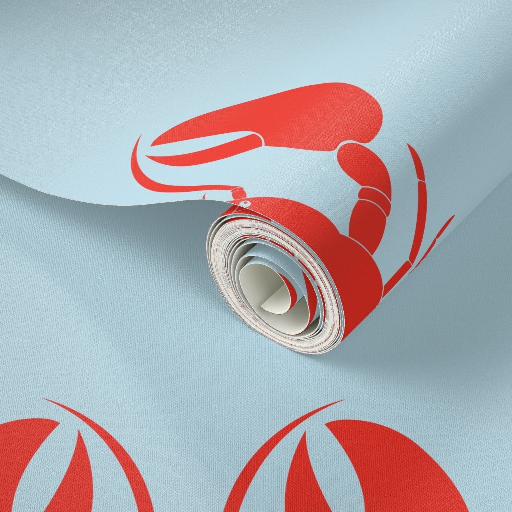 Handdrawn Motif of a Red Lobster on Pale Blue Wallpaper hand drawn wallpaper