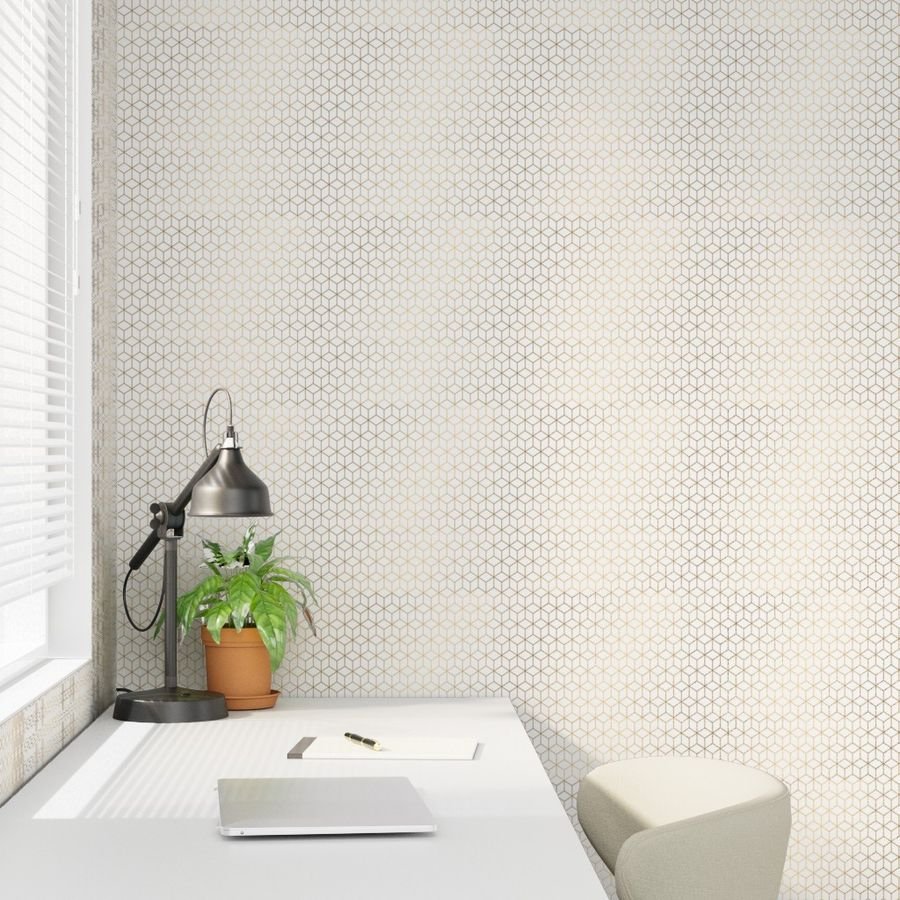 Small White and Faux Metallic Gold Art Deco 3D Geometric Cubes Wallpape art deco wallpaper
