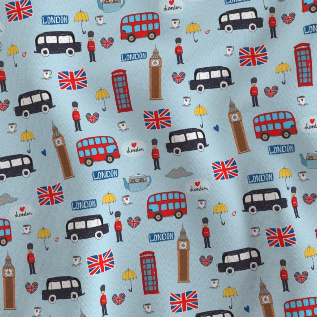 London England Handdrawn Motifs Big Ben Union Jack Palace Guard Fabric tea time fabric