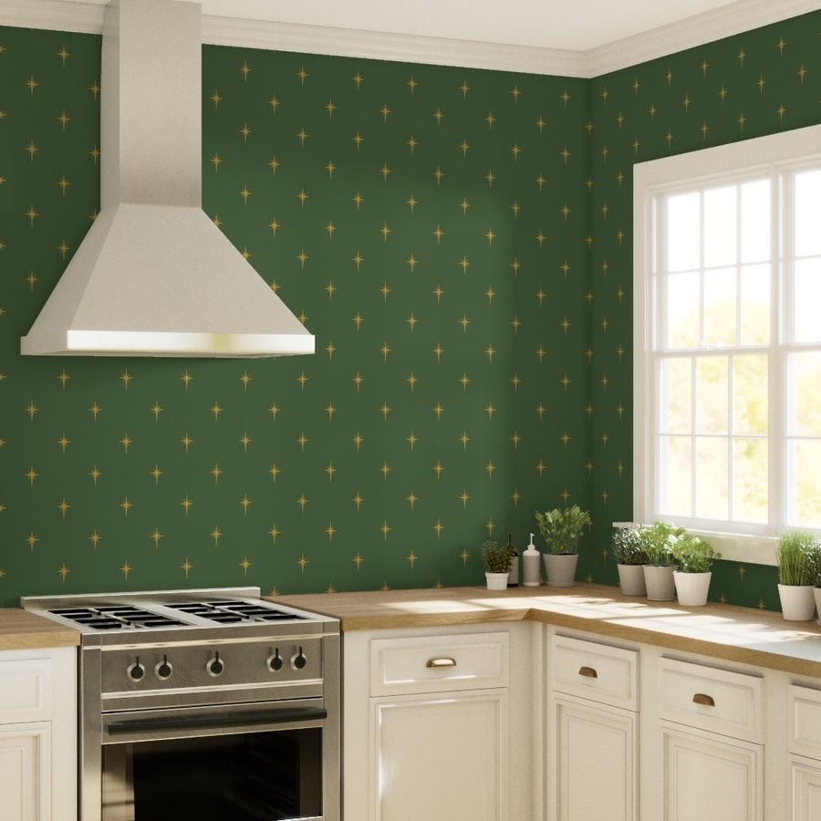 Christmas Faux Gold Foil Star in Fir Tree Green Wallpaper christmas gold star wallpaper