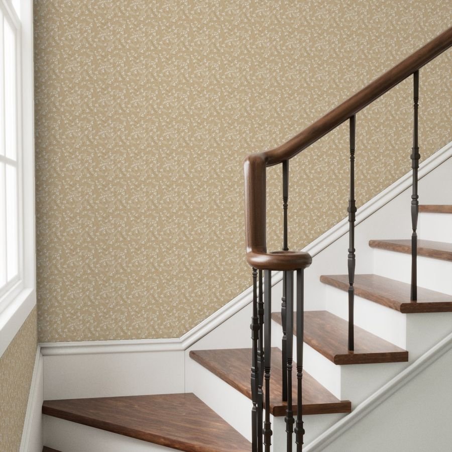 Christmas Beige and White Small Holly and Mistletoe Repeat on Pale Wallpaper white and gold wallpaper