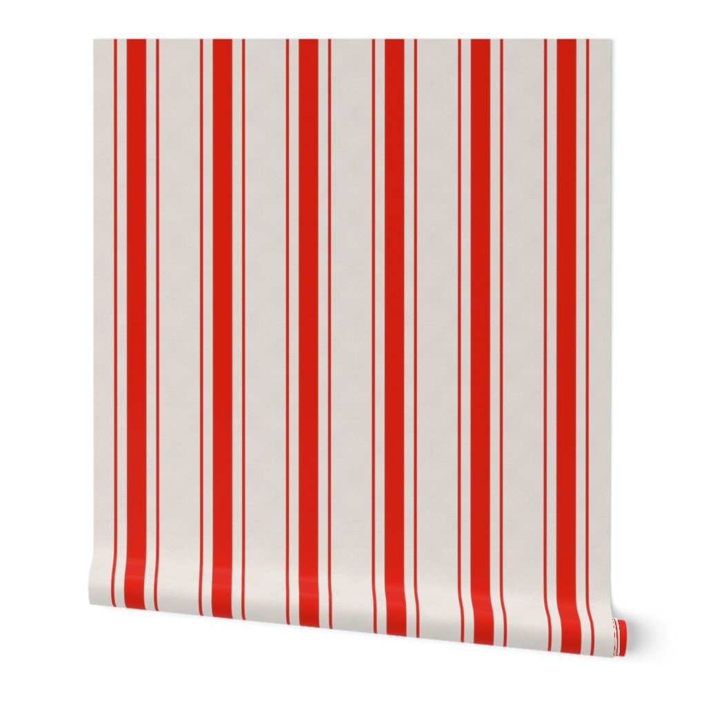 Garnet Red Antique Vintage Mattress Ticking Stripe on Cream Wallpaper antique stripe wallpaper