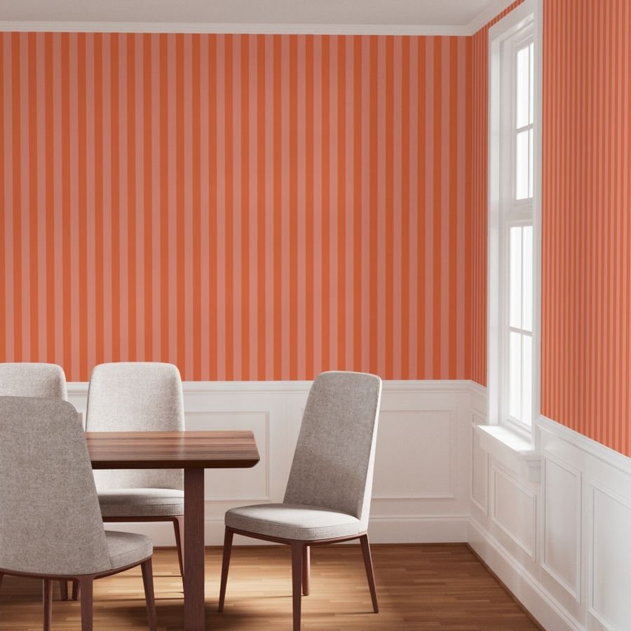 Sunset Coral and Tonal Coral 2 Inch Vertical Cabana Stripes Wallpaper wide stripes wallpaper