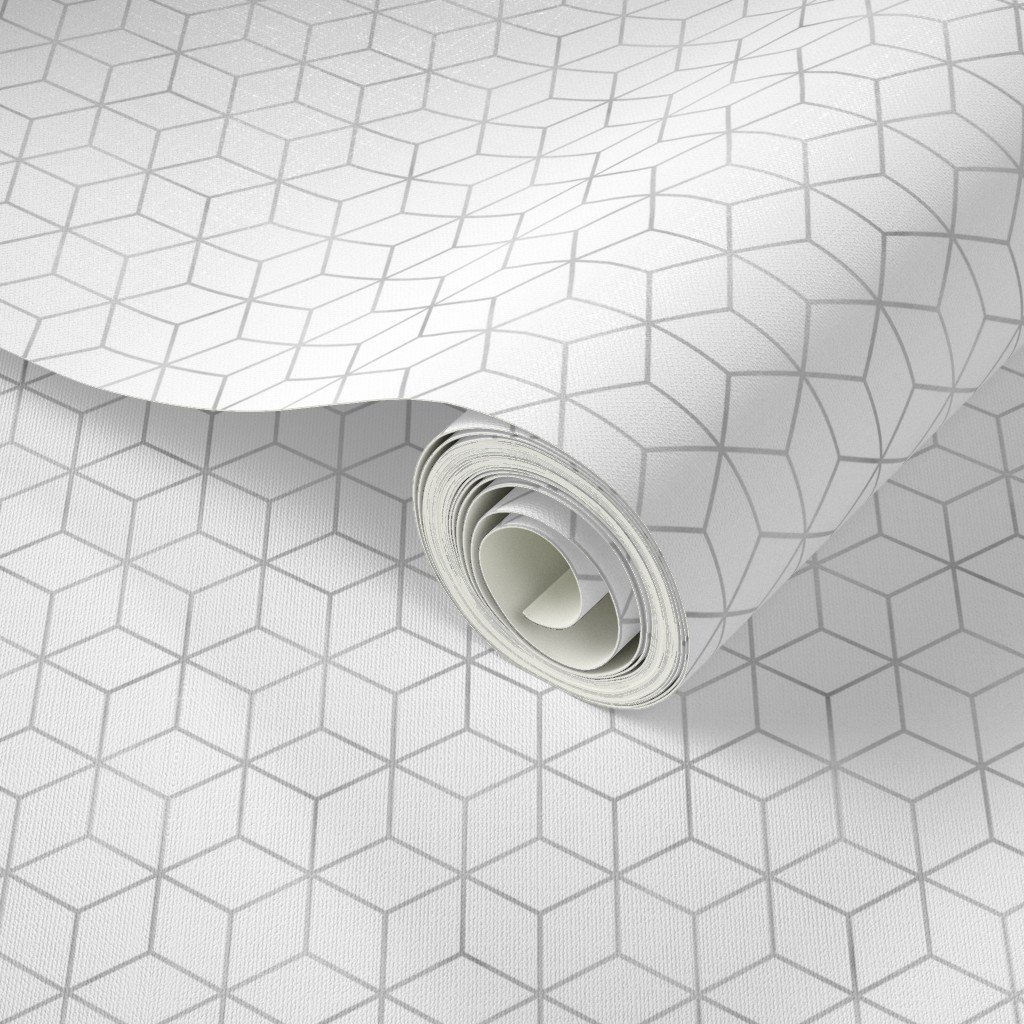 Small White and Faux Metallic Silver Art Deco 3D Geometric Cubes Wallpaper art deco wallpaper