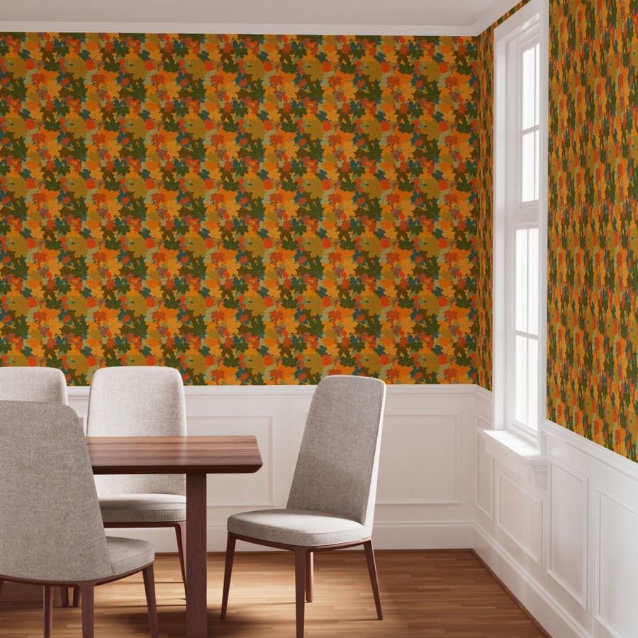 Smaller Autumn Leaves Scattered in Gold Red Brown and Green Wallpaper brown leaves wallpaper