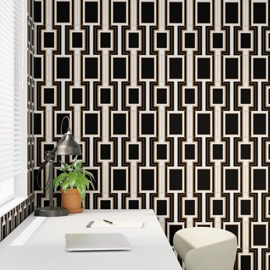 Small Art Deco Geometric Rectangles in Black and Faux Gold with Off Wallpaper black and gold wallpaper