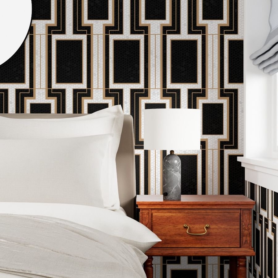Jumbo Art Deco Geometric Rectangles in Cracked Black and Faux Gold Wallpaper black and gold wallpaper